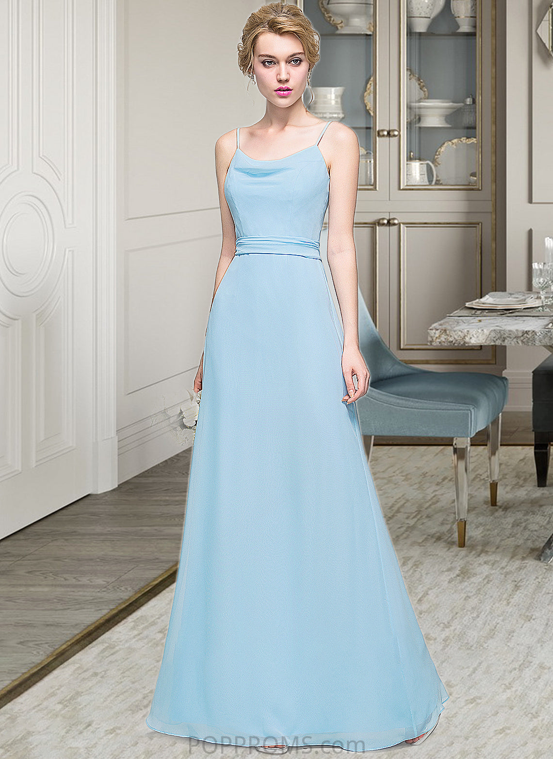 Jordyn A-Line Cowl Neck Floor-Length Chiffon Bridesmaid Dress With Ruffle PP6P0012981