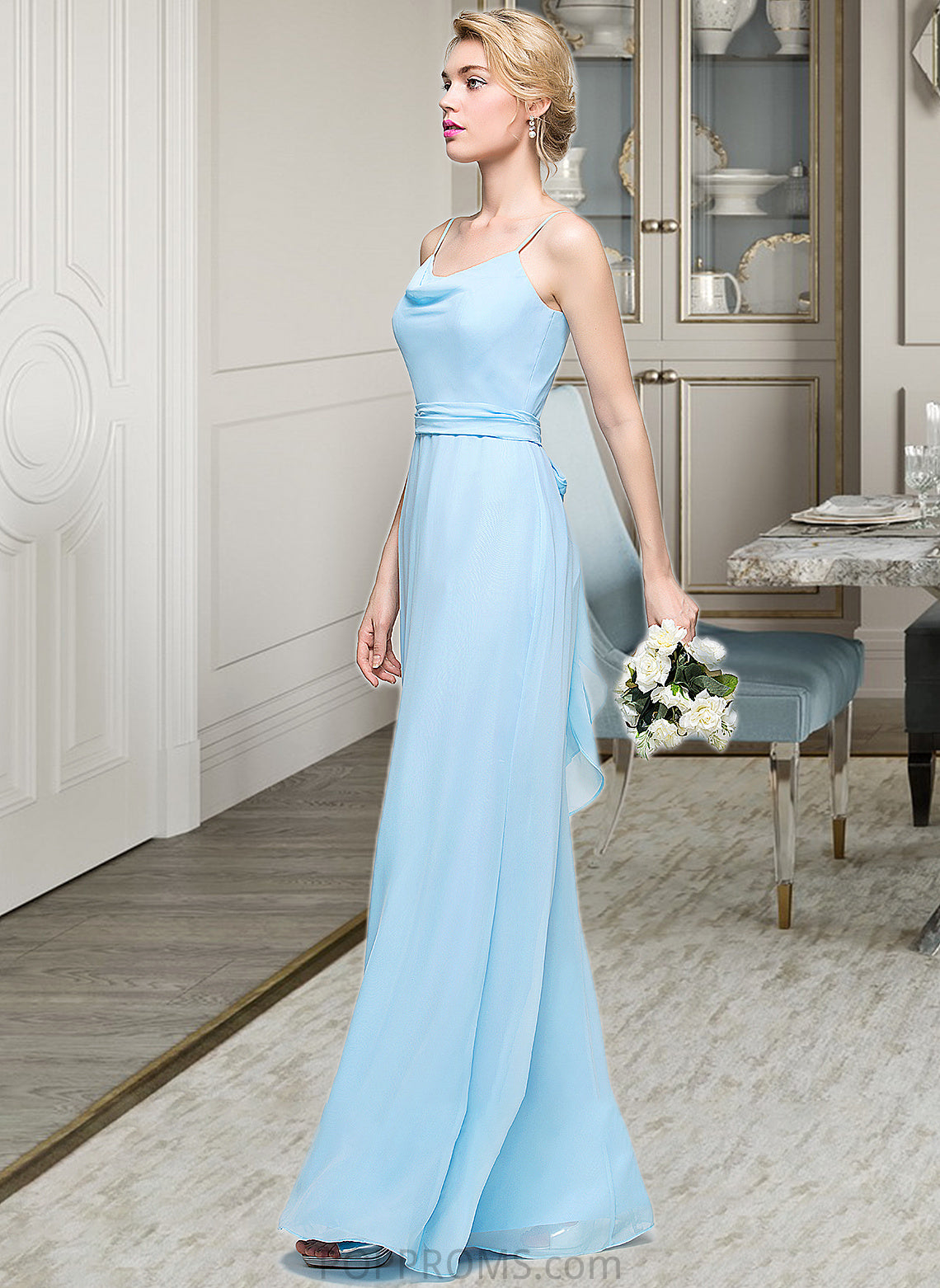 Jordyn A-Line Cowl Neck Floor-Length Chiffon Bridesmaid Dress With Ruffle PP6P0012981