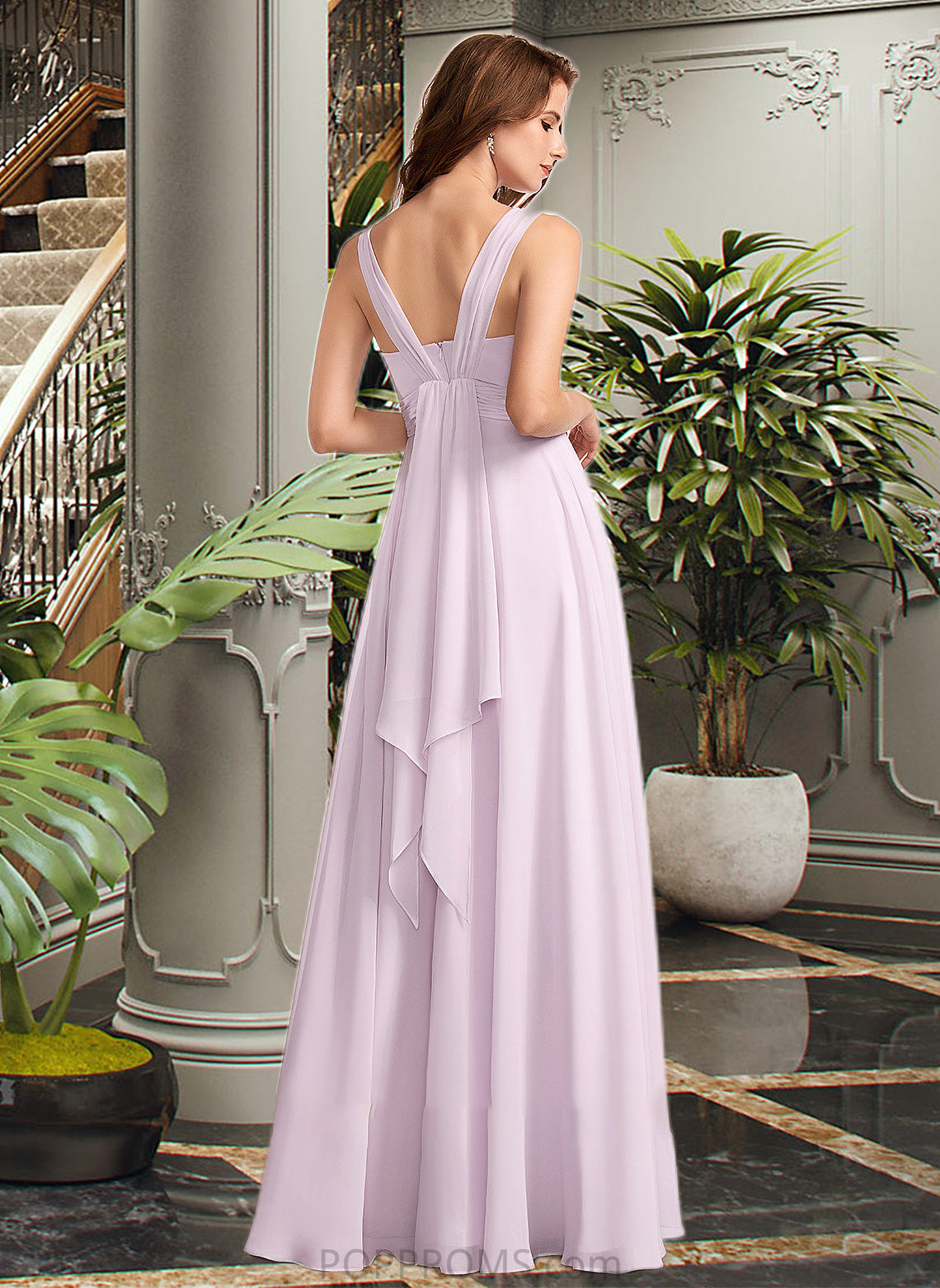 Urania A-Line V-neck Floor-Length Bridesmaid Dress With Ruffle PP6P0012982