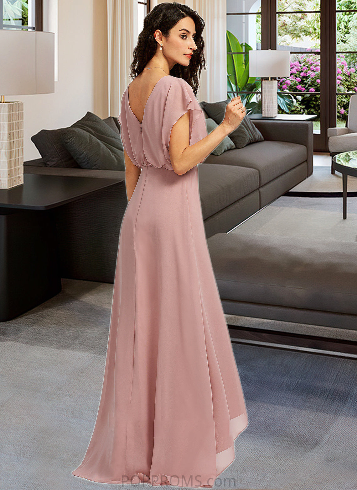 Jaelynn A-Line V-neck Asymmetrical Bridesmaid Dress With Split Front PP6P0012983