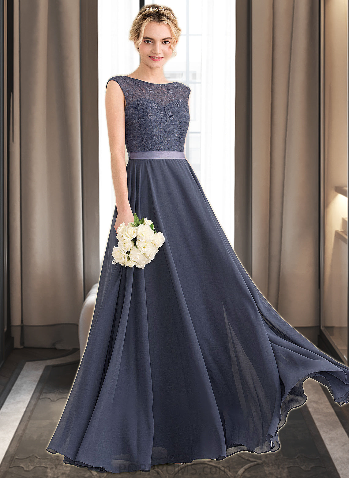 Melina A-Line Scoop Neck Floor-Length Chiffon Lace Bridesmaid Dress With Bow(s) PP6P0012984