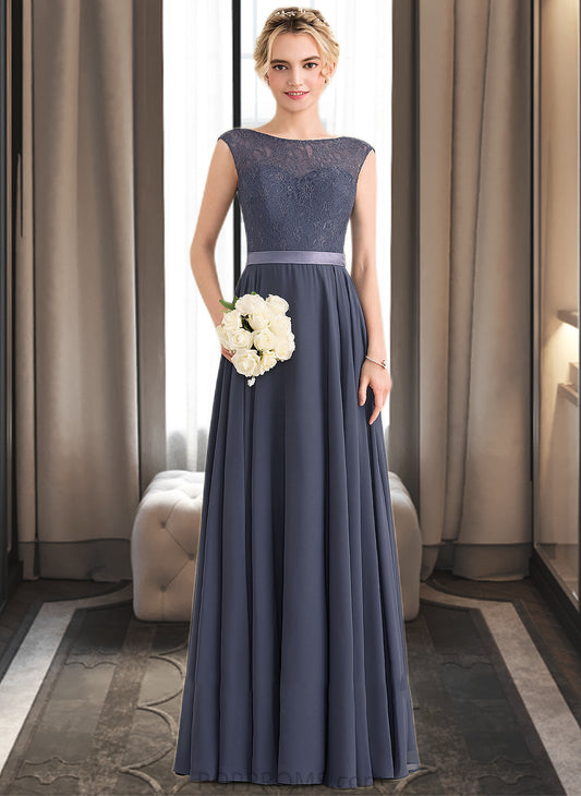 Melina A-Line Scoop Neck Floor-Length Chiffon Lace Bridesmaid Dress With Bow(s) PP6P0012984