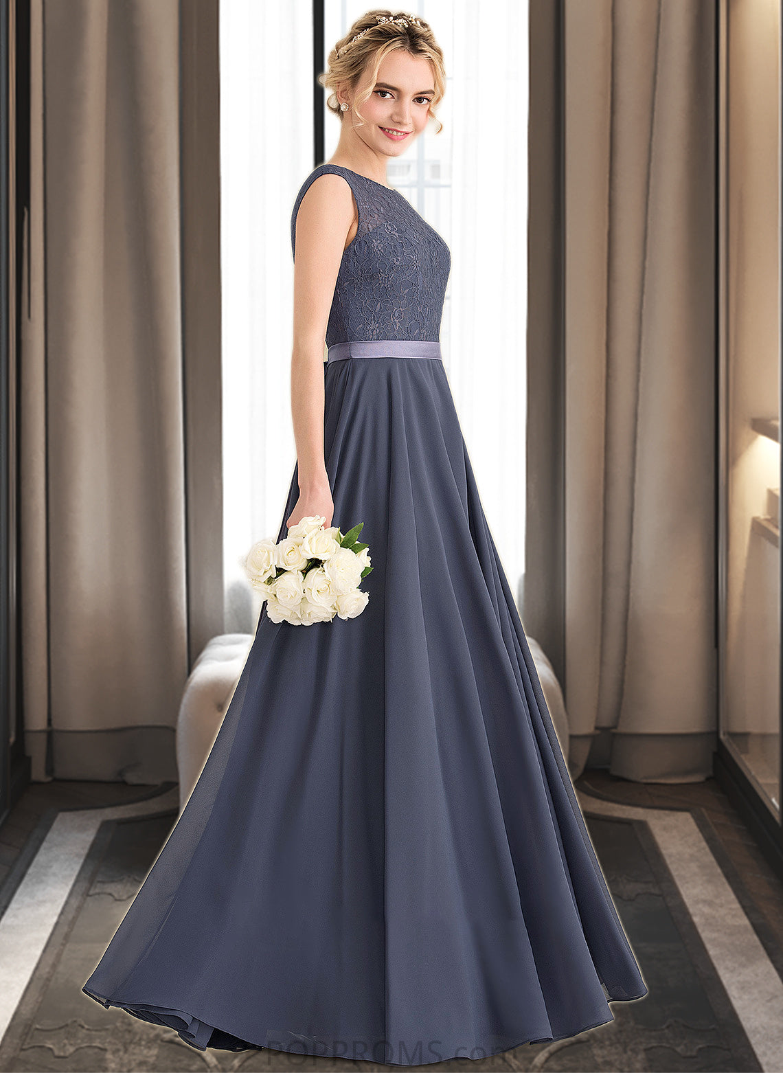 Melina A-Line Scoop Neck Floor-Length Chiffon Lace Bridesmaid Dress With Bow(s) PP6P0012984