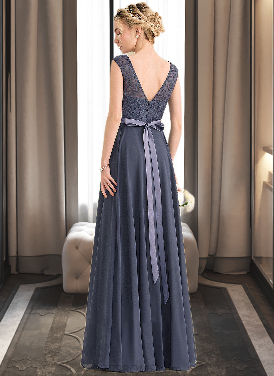 Melina A-Line Scoop Neck Floor-Length Chiffon Lace Bridesmaid Dress With Bow(s) PP6P0012984