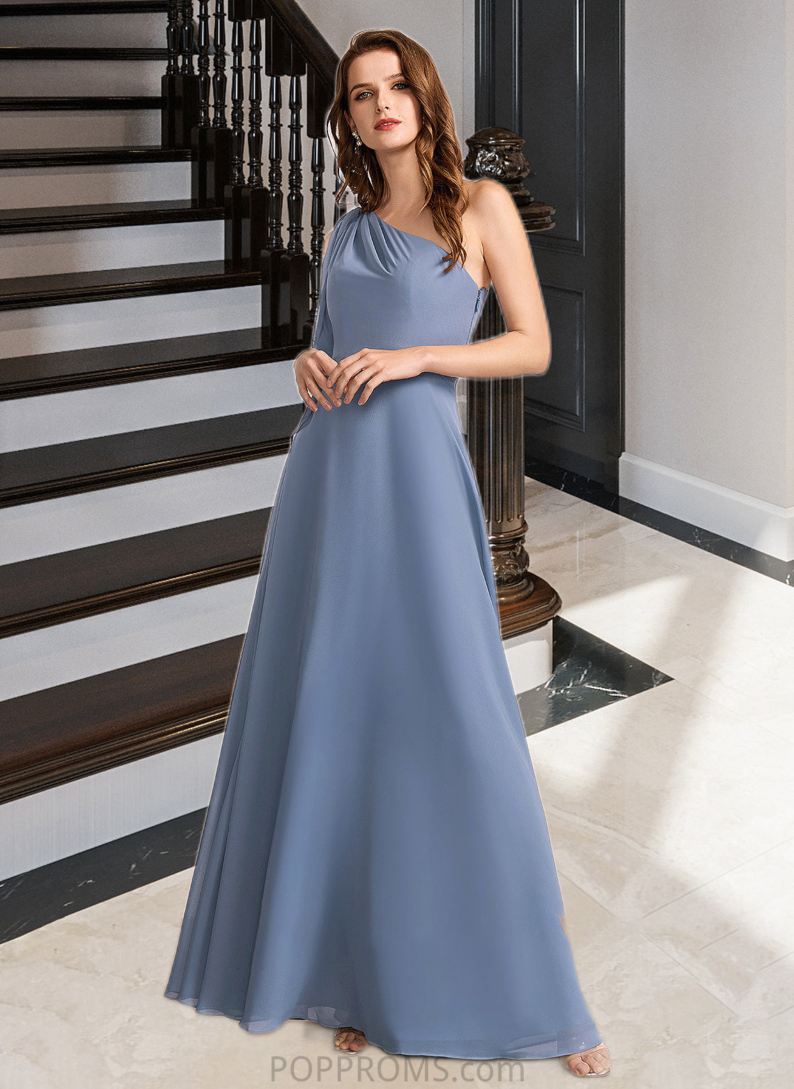 Mavis A-Line One-Shoulder Floor-Length Bridesmaid Dress With Bow(s) PP6P0012985