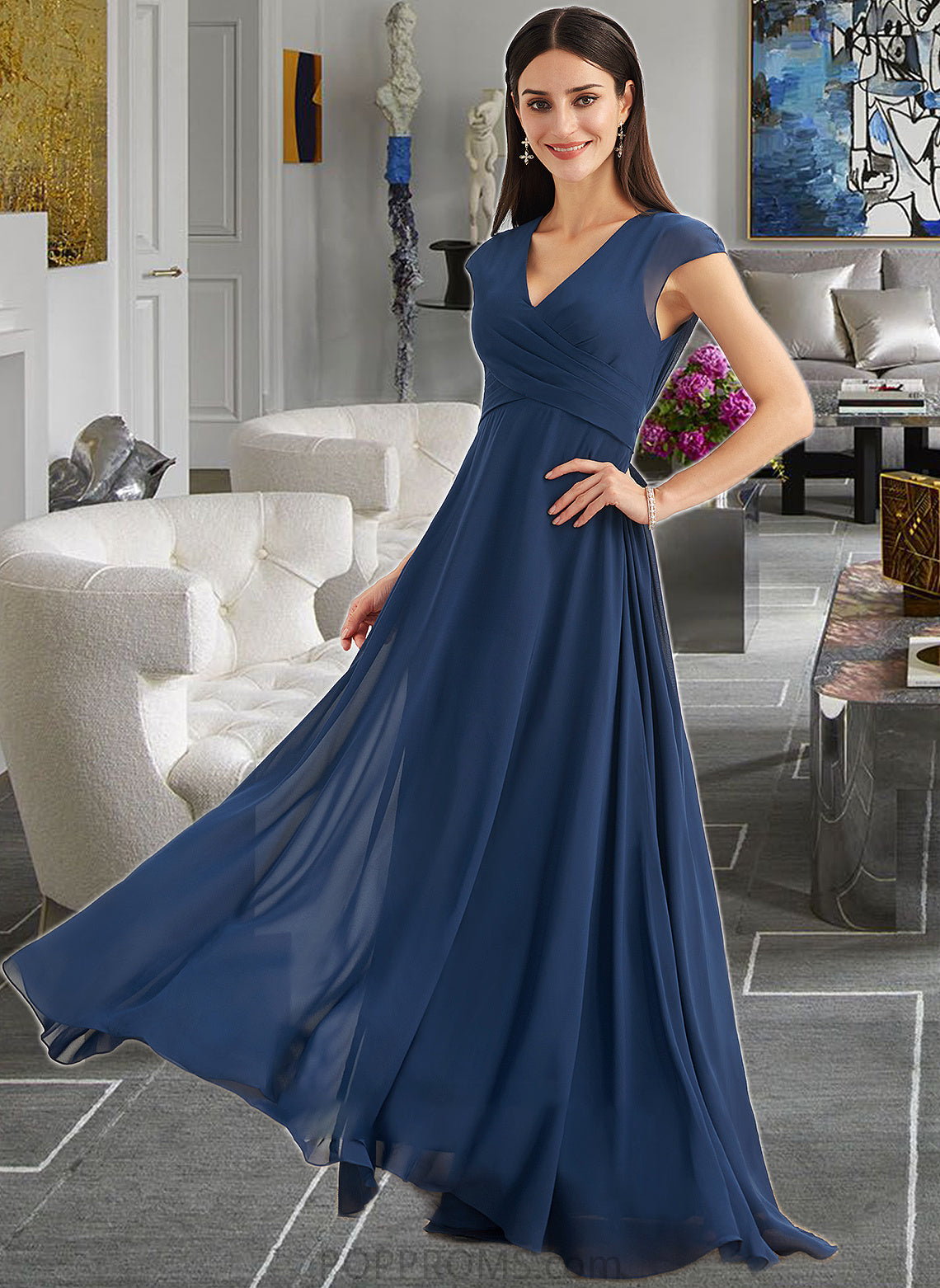 Brylee A-Line V-neck Floor-Length Bridesmaid Dress With Ruffle PP6P0012986