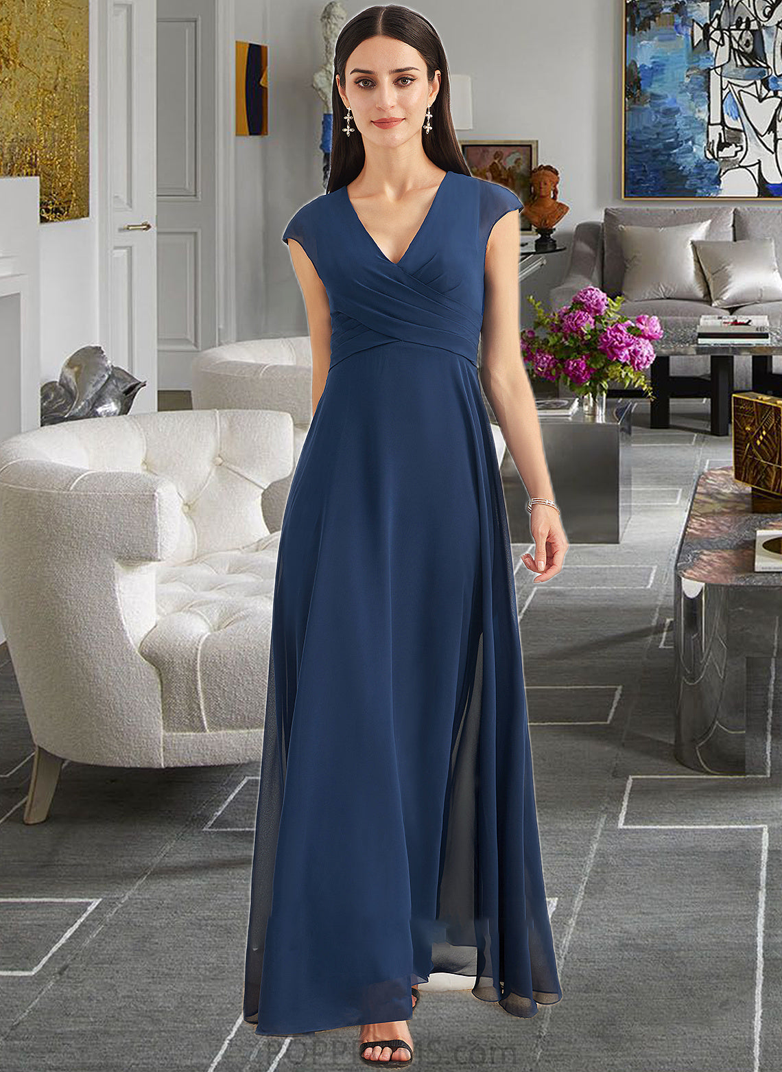 Brylee A-Line V-neck Floor-Length Bridesmaid Dress With Ruffle PP6P0012986