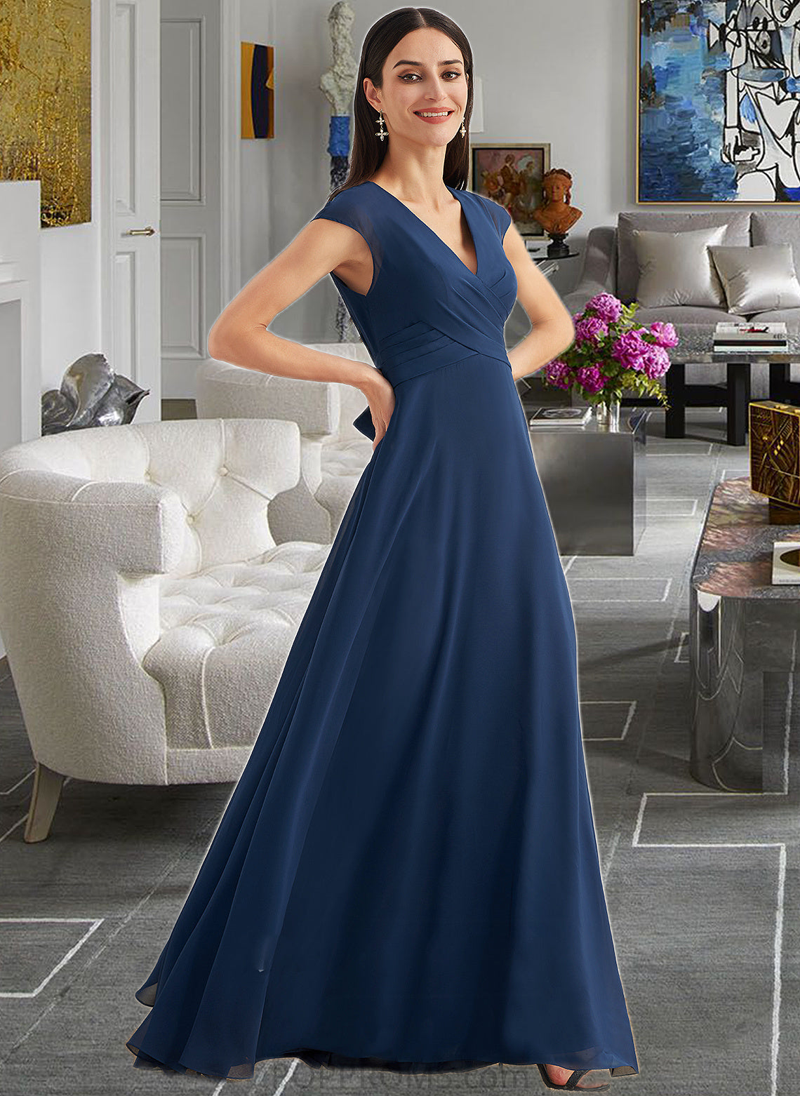 Brylee A-Line V-neck Floor-Length Bridesmaid Dress With Ruffle PP6P0012986