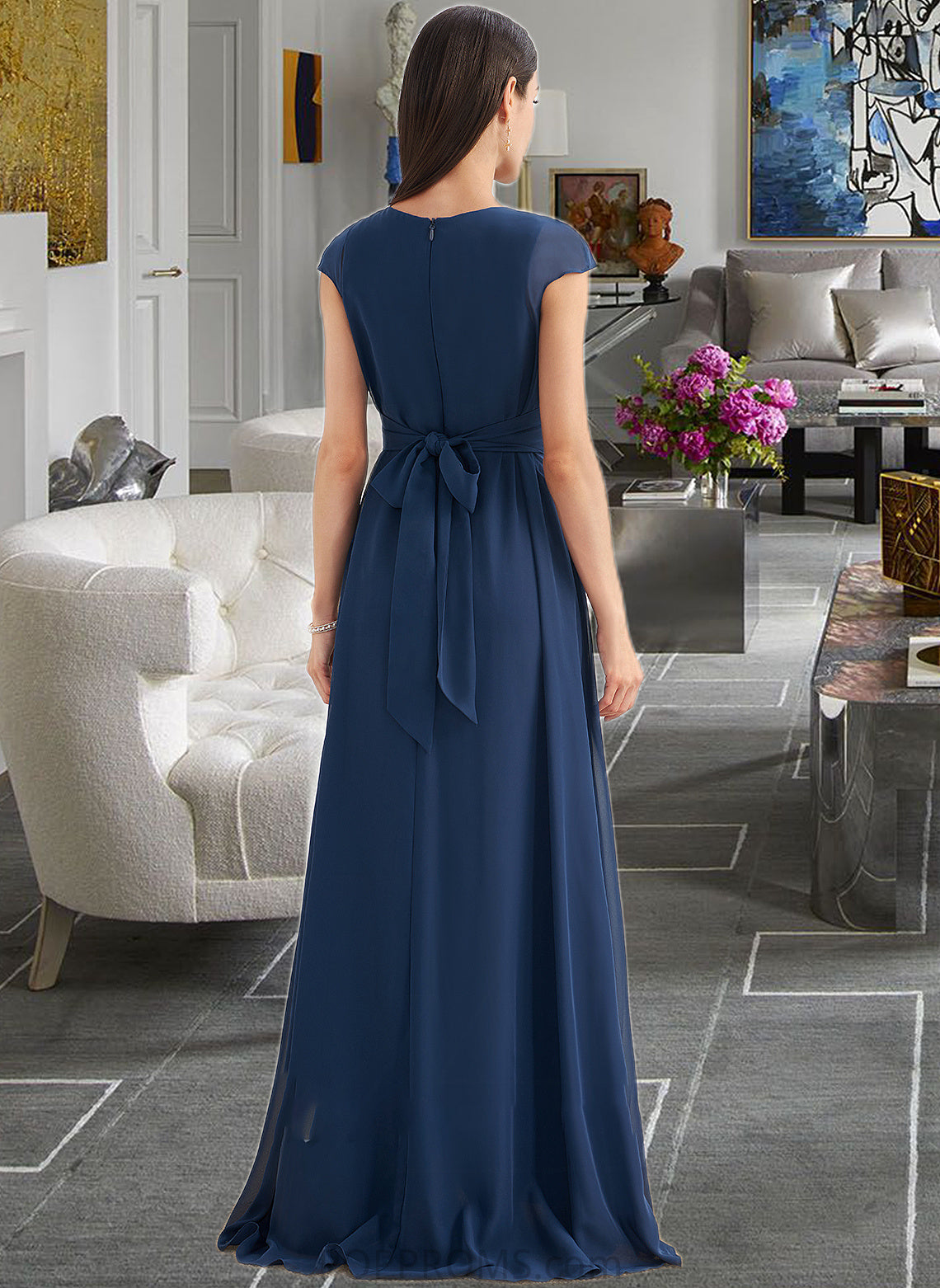 Brylee A-Line V-neck Floor-Length Bridesmaid Dress With Ruffle PP6P0012986