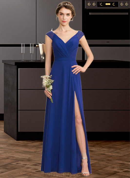 Siena A-Line V-neck Floor-Length Chiffon Lace Bridesmaid Dress With Ruffle Split Front PP6P0012988