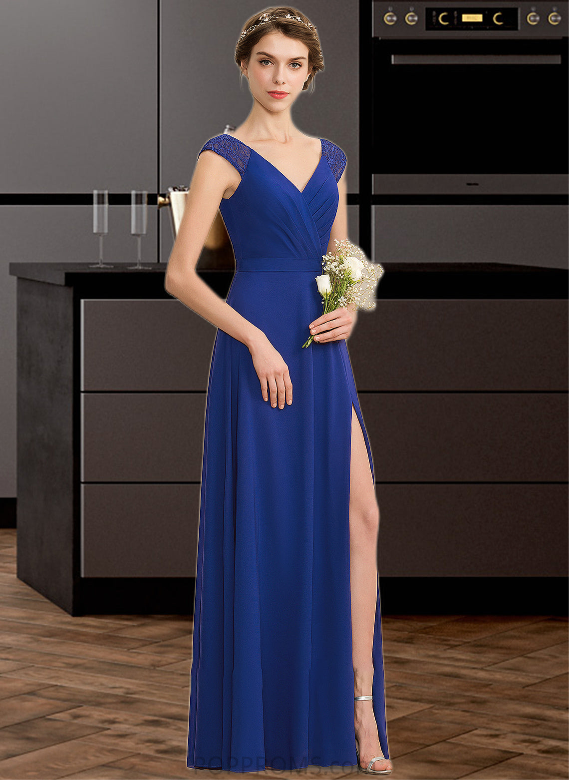 Siena A-Line V-neck Floor-Length Chiffon Lace Bridesmaid Dress With Ruffle Split Front PP6P0012988