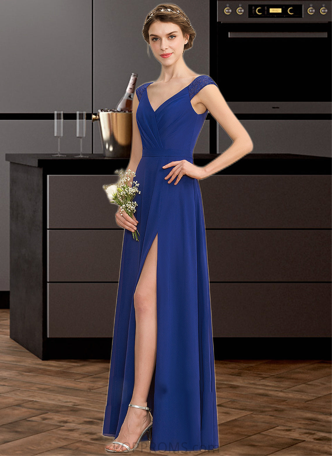 Siena A-Line V-neck Floor-Length Chiffon Lace Bridesmaid Dress With Ruffle Split Front PP6P0012988