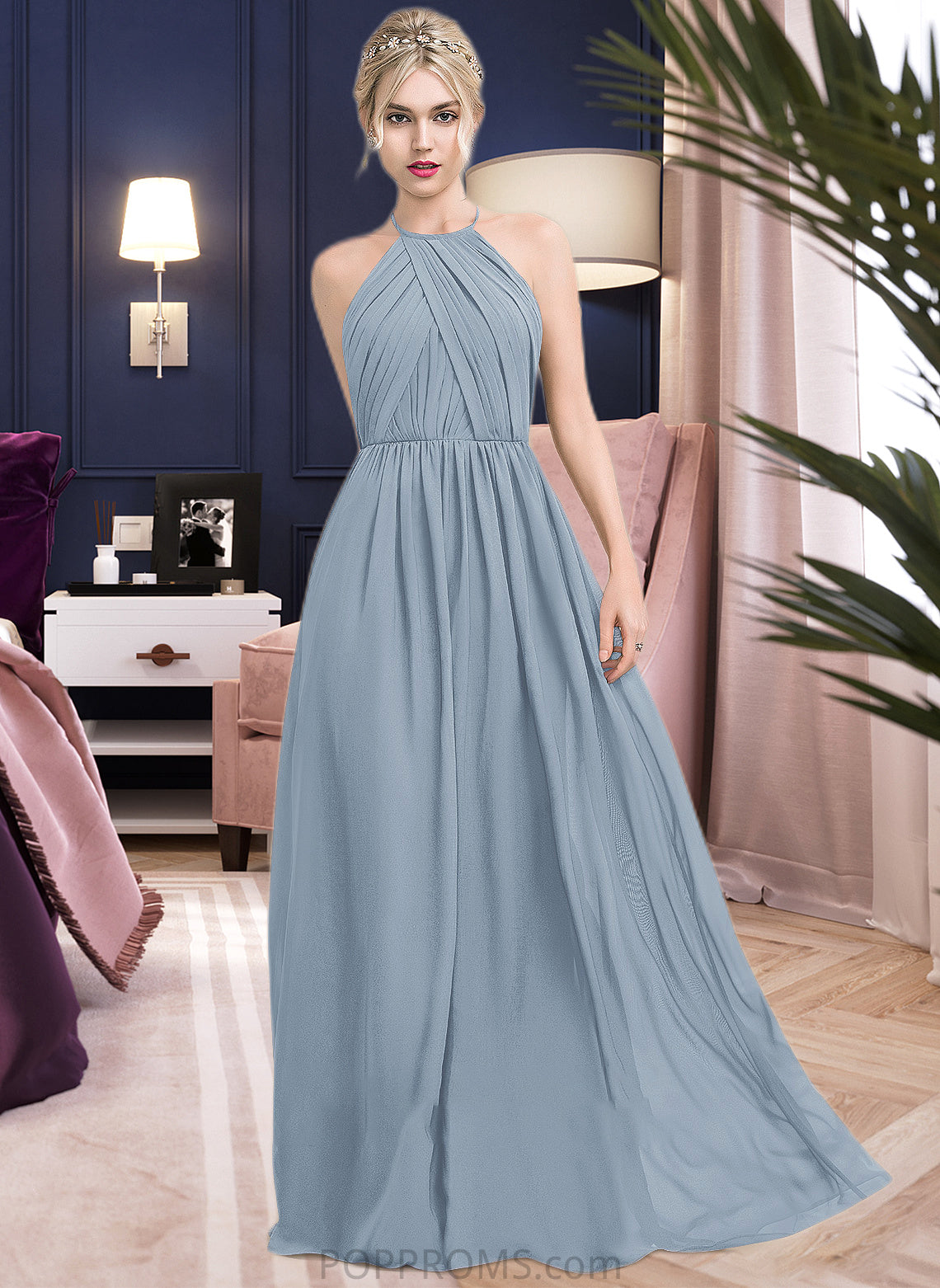 Alivia A-Line Scoop Neck Floor-Length Chiffon Bridesmaid Dress With Ruffle PP6P0012989