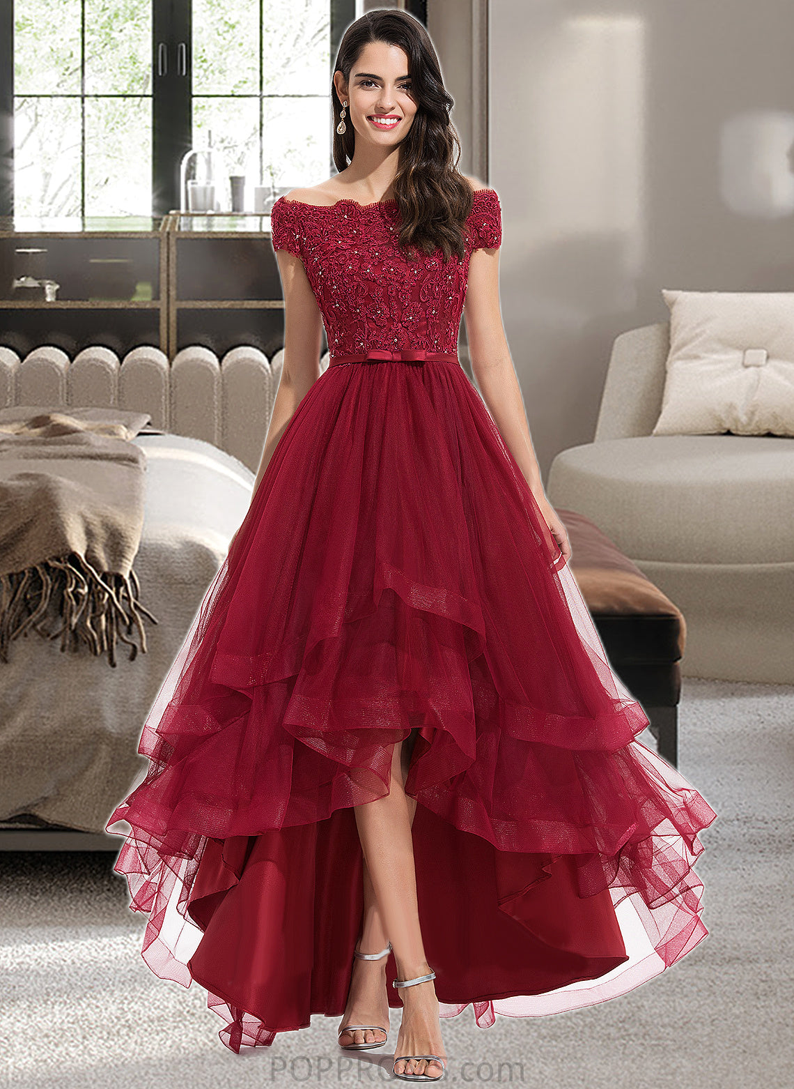 Taylor Ball-Gown/Princess Off-the-Shoulder Asymmetrical Tulle Bridesmaid Dress With Beading Sequins Bow(s) PP6P0012991