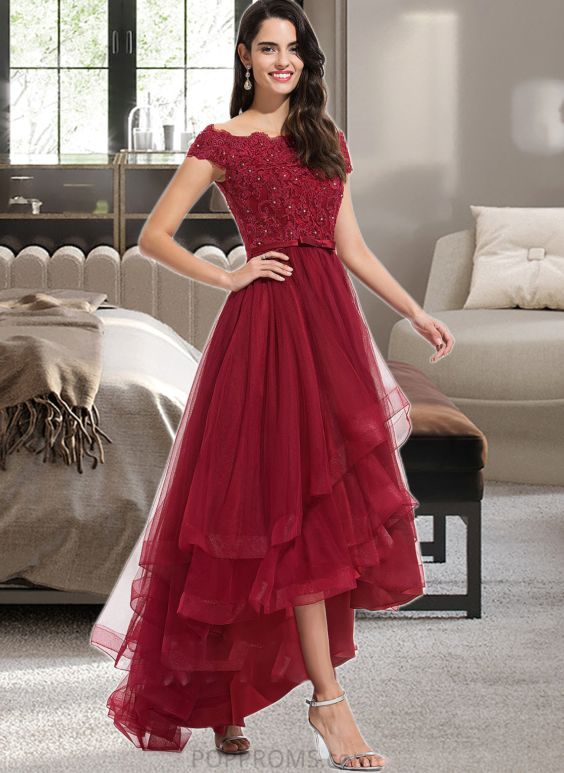 Taylor Ball-Gown/Princess Off-the-Shoulder Asymmetrical Tulle Bridesmaid Dress With Beading Sequins Bow(s) PP6P0012991