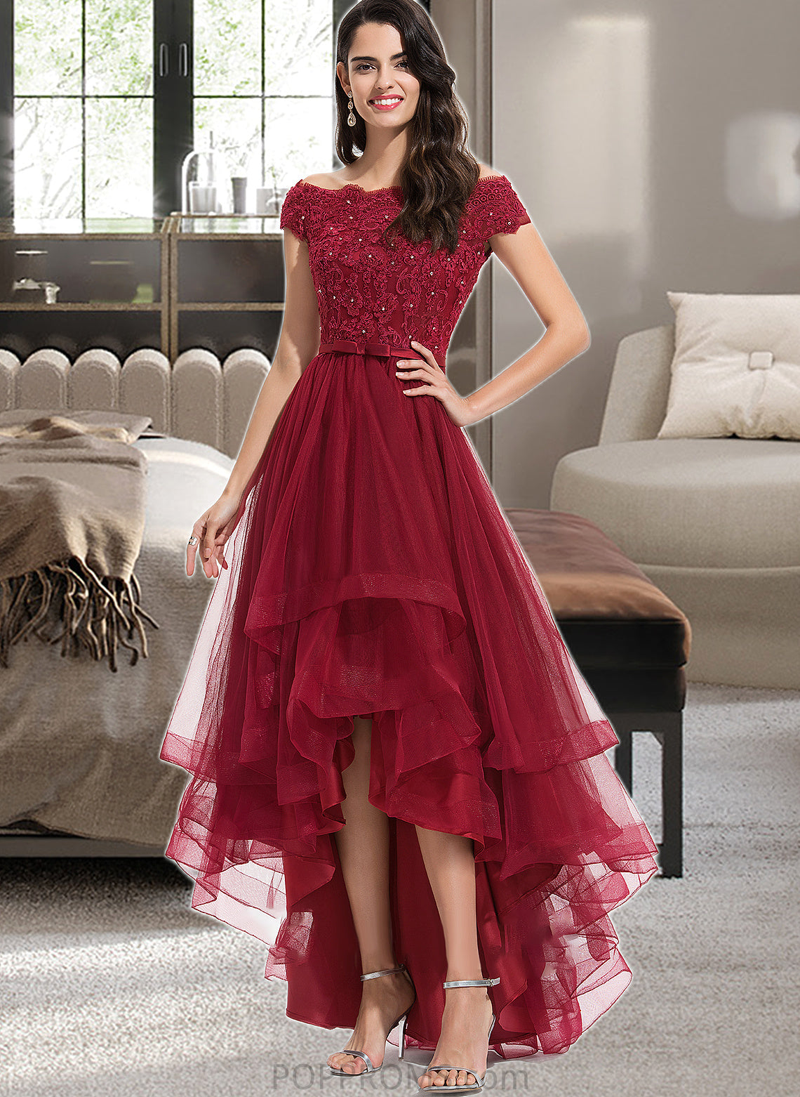 Taylor Ball-Gown/Princess Off-the-Shoulder Asymmetrical Tulle Bridesmaid Dress With Beading Sequins Bow(s) PP6P0012991