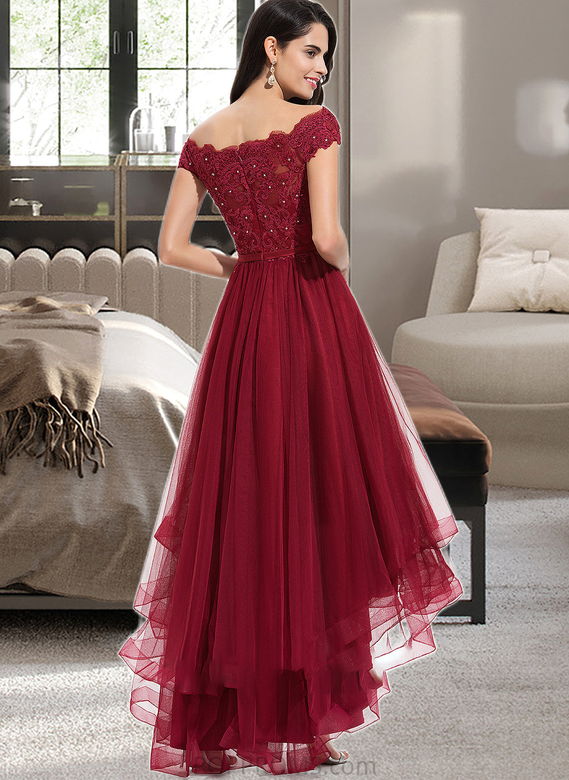 Taylor Ball-Gown/Princess Off-the-Shoulder Asymmetrical Tulle Bridesmaid Dress With Beading Sequins Bow(s) PP6P0012991