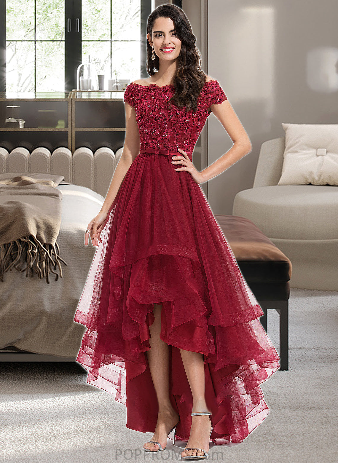 Taylor Ball-Gown/Princess Off-the-Shoulder Asymmetrical Tulle Bridesmaid Dress With Beading Sequins Bow(s) PP6P0012991