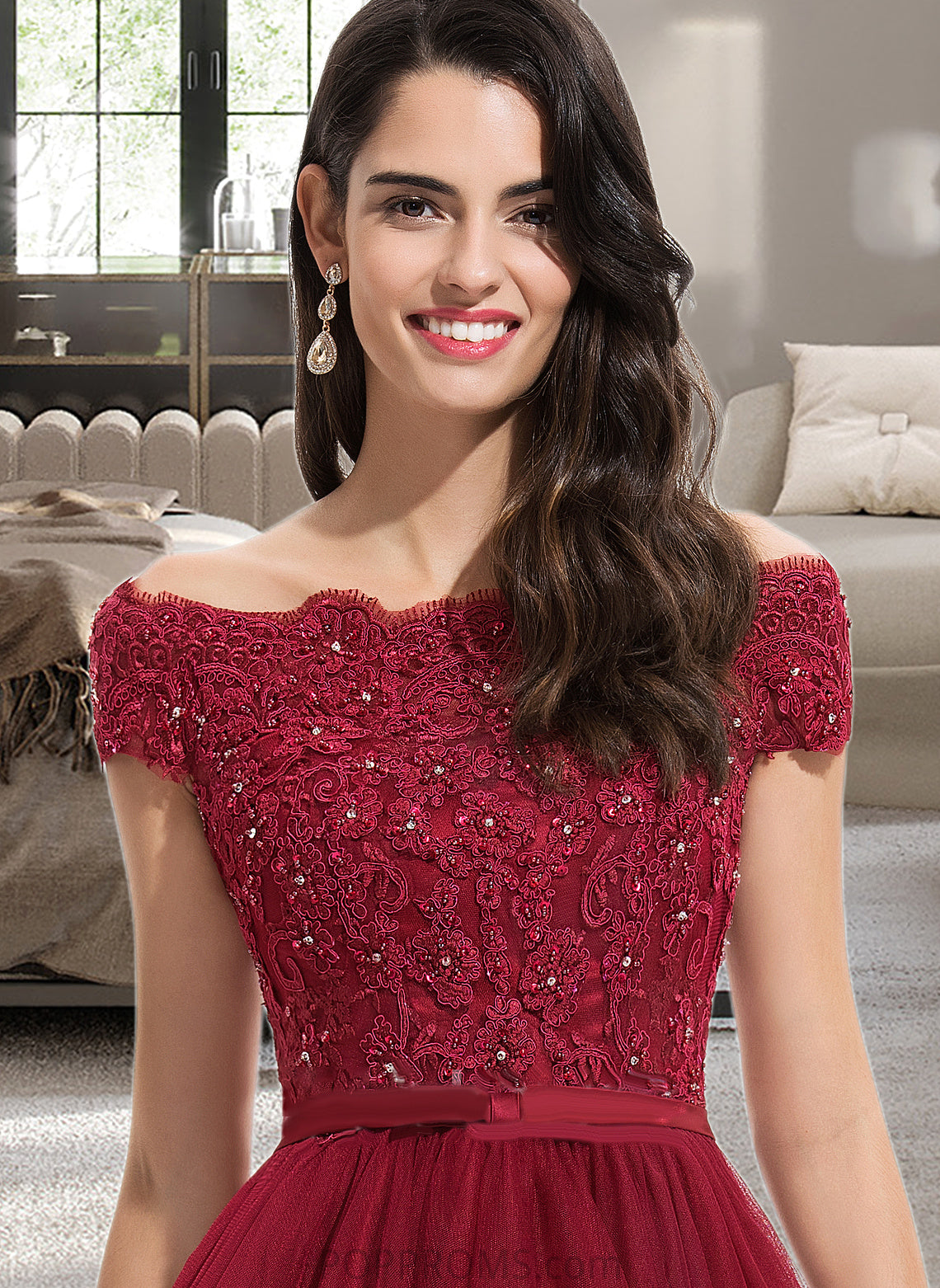 Taylor Ball-Gown/Princess Off-the-Shoulder Asymmetrical Tulle Bridesmaid Dress With Beading Sequins Bow(s) PP6P0012991