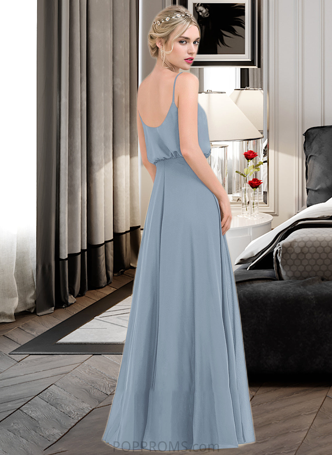 Muriel A-Line Square Neckline Floor-Length Chiffon Bridesmaid Dress With Split Front PP6P0012992