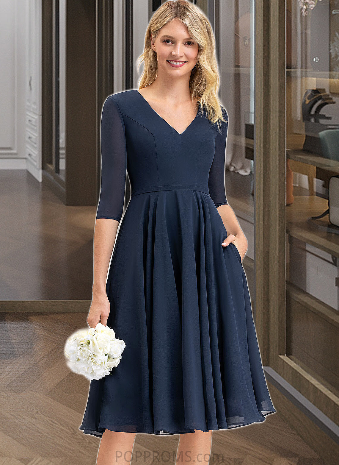 Tiara A-Line V-neck Knee-Length Chiffon Bridesmaid Dress With Pockets PP6P0012994