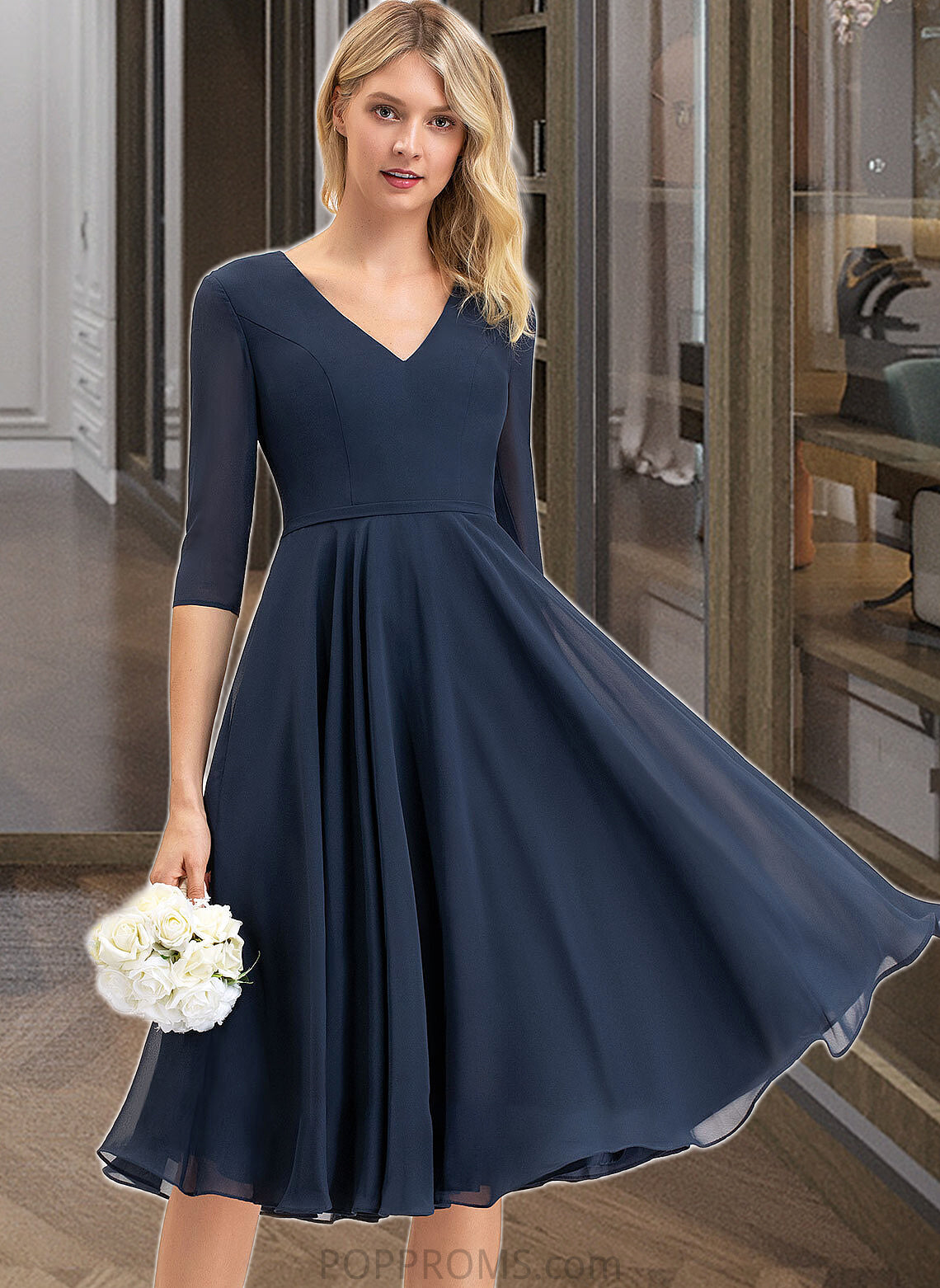 Tiara A-Line V-neck Knee-Length Chiffon Bridesmaid Dress With Pockets PP6P0012994