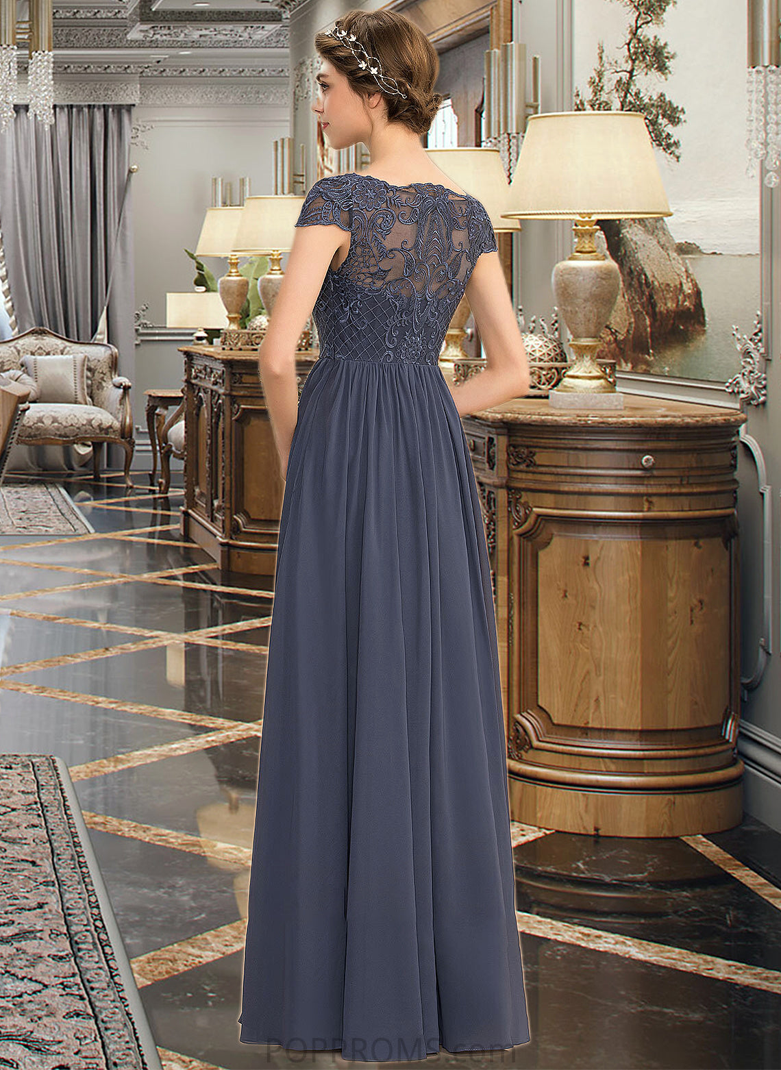 Aniya A-Line Scoop Neck Floor-Length Chiffon Lace Bridesmaid Dress PP6P0012995