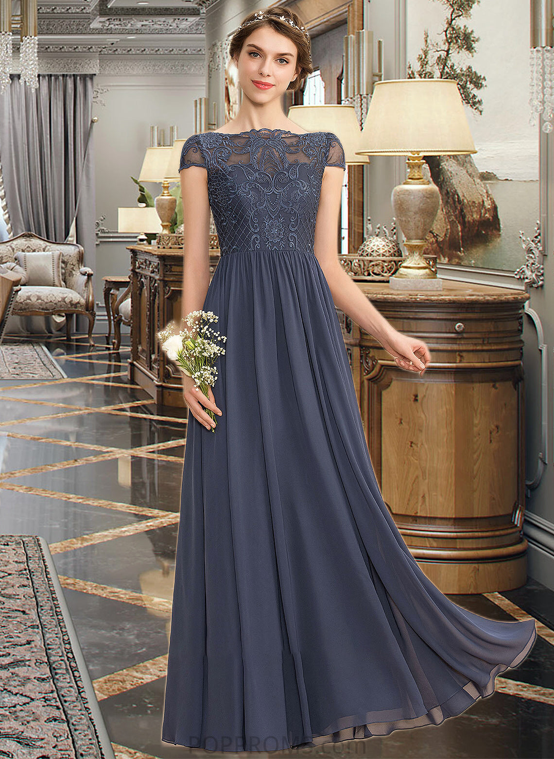 Aniya A-Line Scoop Neck Floor-Length Chiffon Lace Bridesmaid Dress PP6P0012995