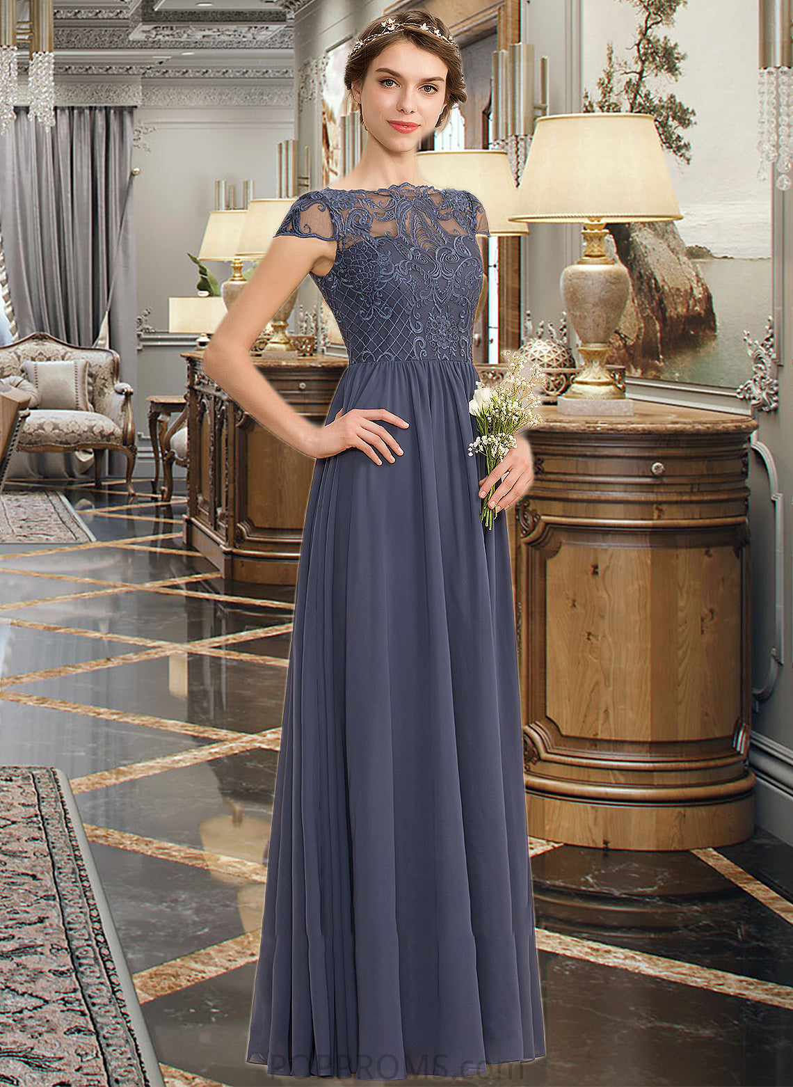 Aniya A-Line Scoop Neck Floor-Length Chiffon Lace Bridesmaid Dress PP6P0012995