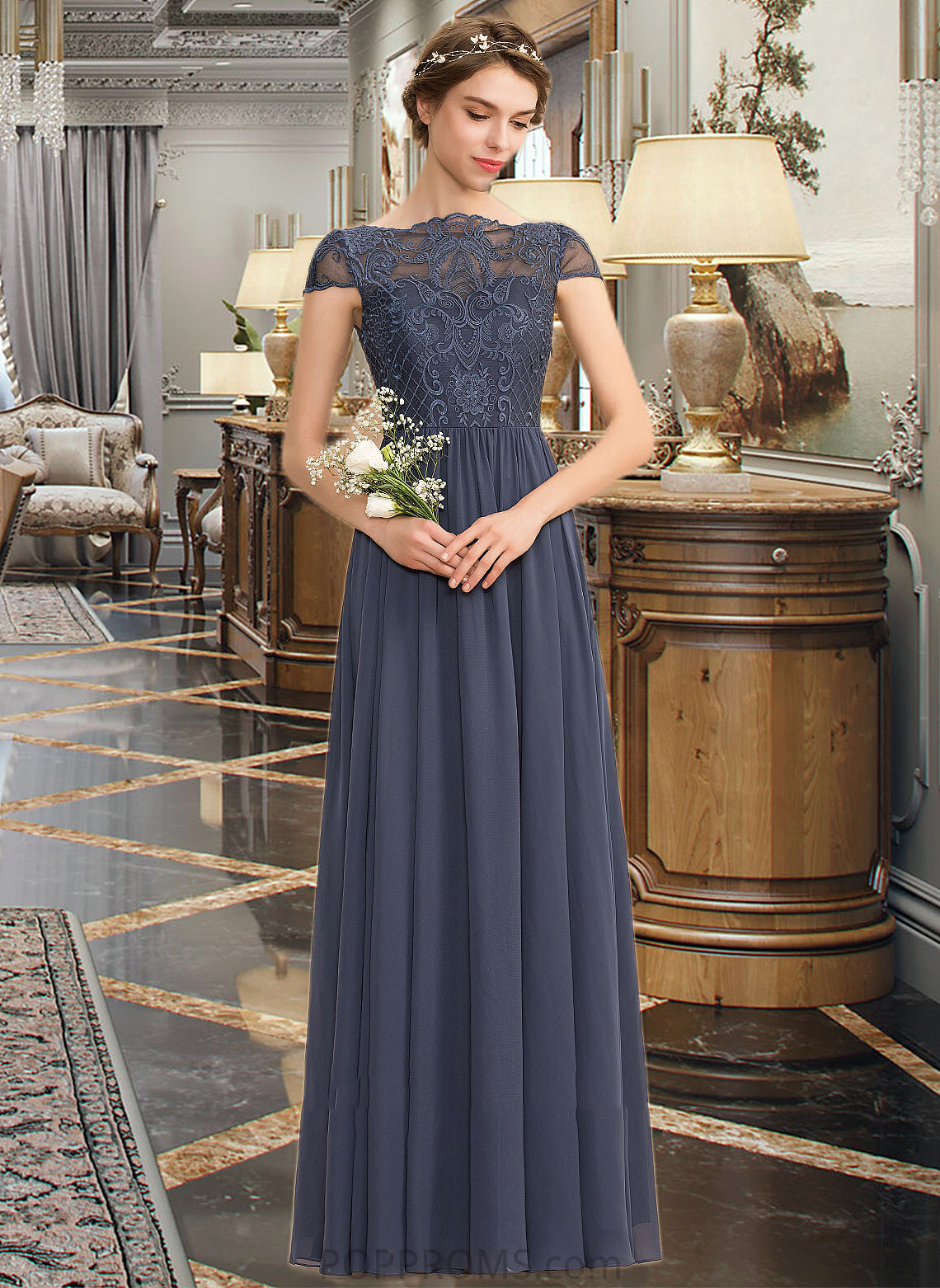 Aniya A-Line Scoop Neck Floor-Length Chiffon Lace Bridesmaid Dress PP6P0012995