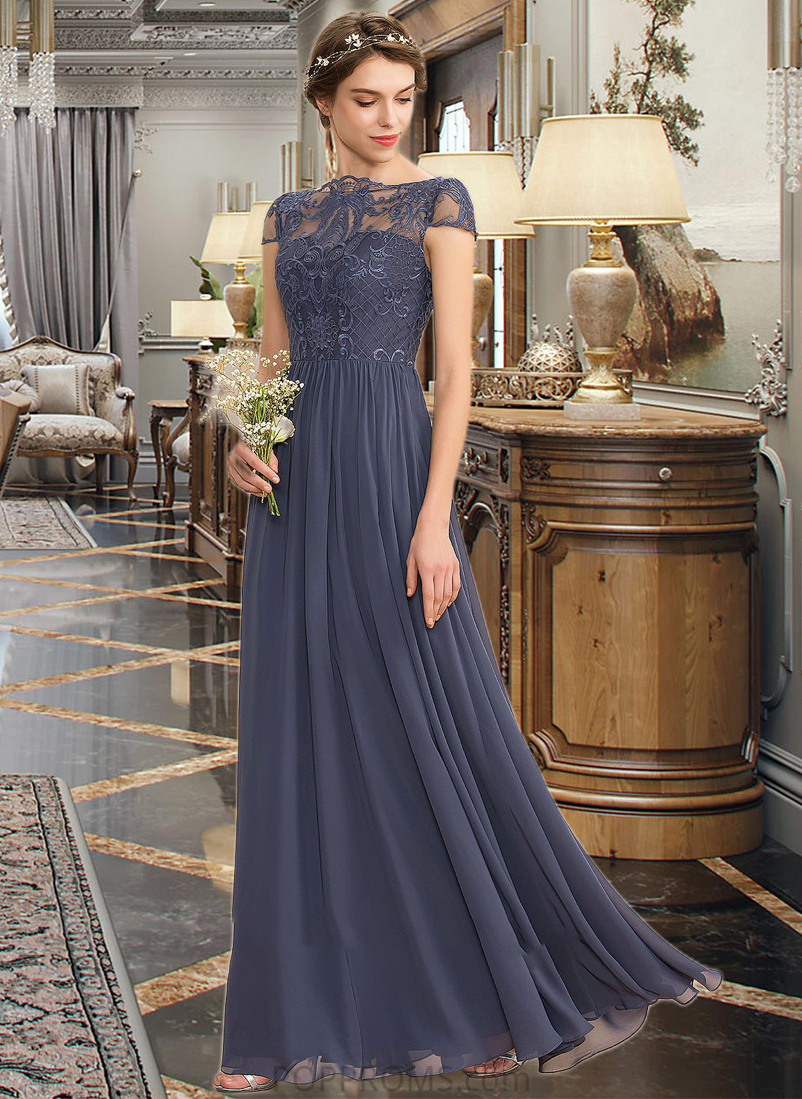 Aniya A-Line Scoop Neck Floor-Length Chiffon Lace Bridesmaid Dress PP6P0012995