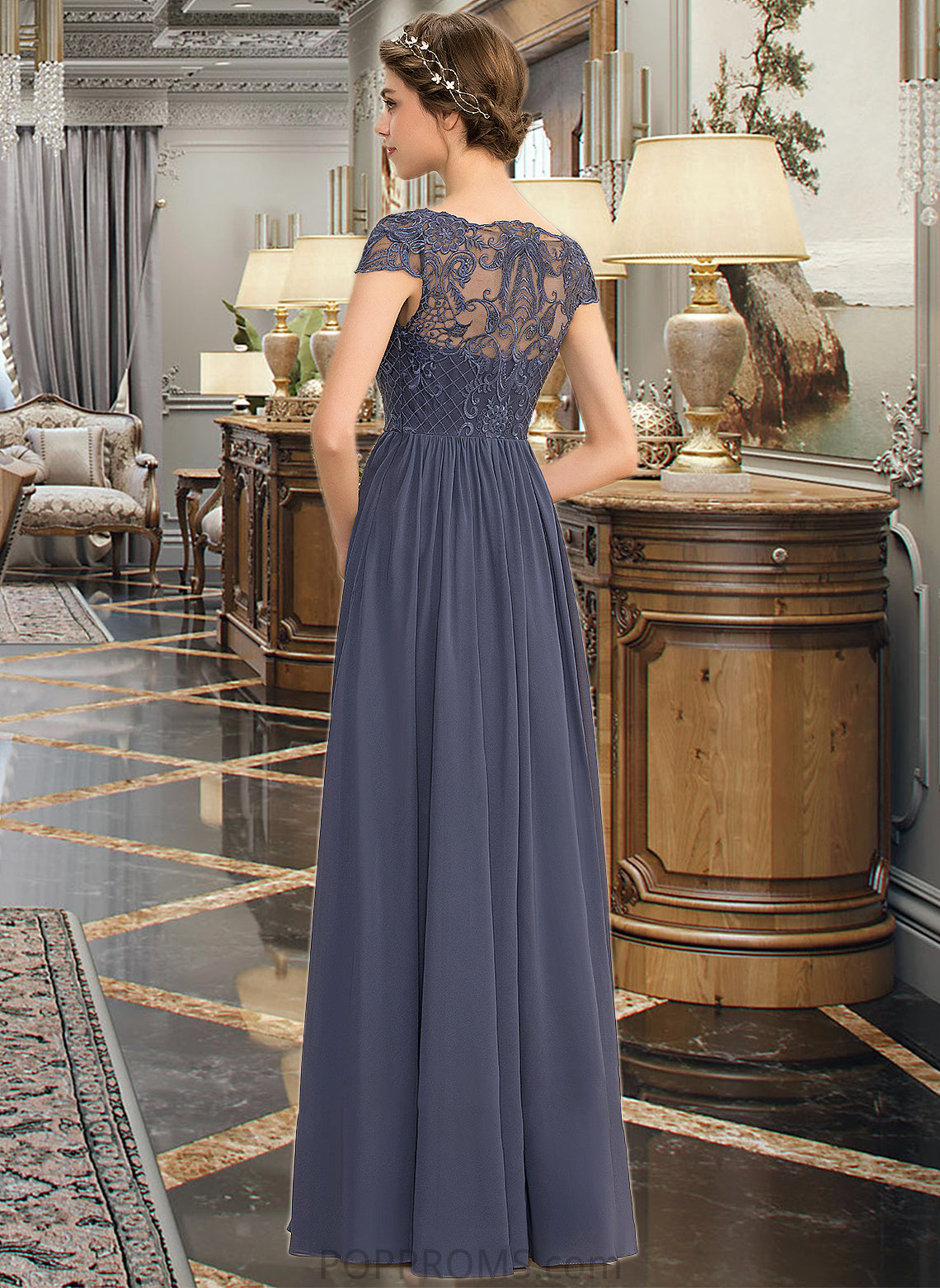 Aniya A-Line Scoop Neck Floor-Length Chiffon Lace Bridesmaid Dress PP6P0012995