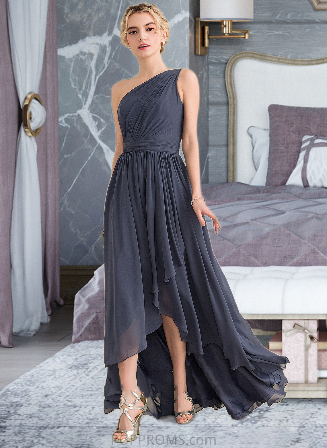 Jaylene A-line One Shoulder Asymmetrical Chiffon Bridesmaid Dress With Cascading Ruffles PP6P0012998