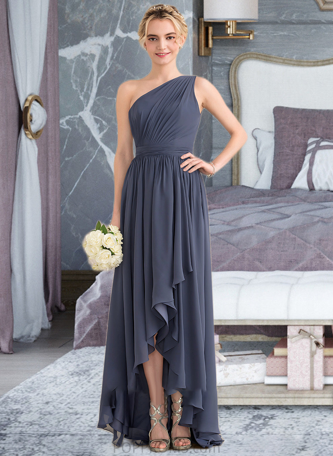 Jaylene A-line One Shoulder Asymmetrical Chiffon Bridesmaid Dress With Cascading Ruffles PP6P0012998