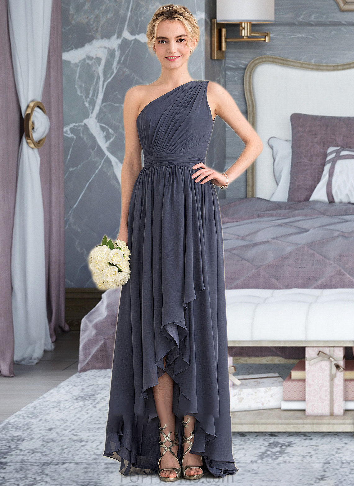 Jaylene A-line One Shoulder Asymmetrical Chiffon Bridesmaid Dress With Cascading Ruffles PP6P0012998