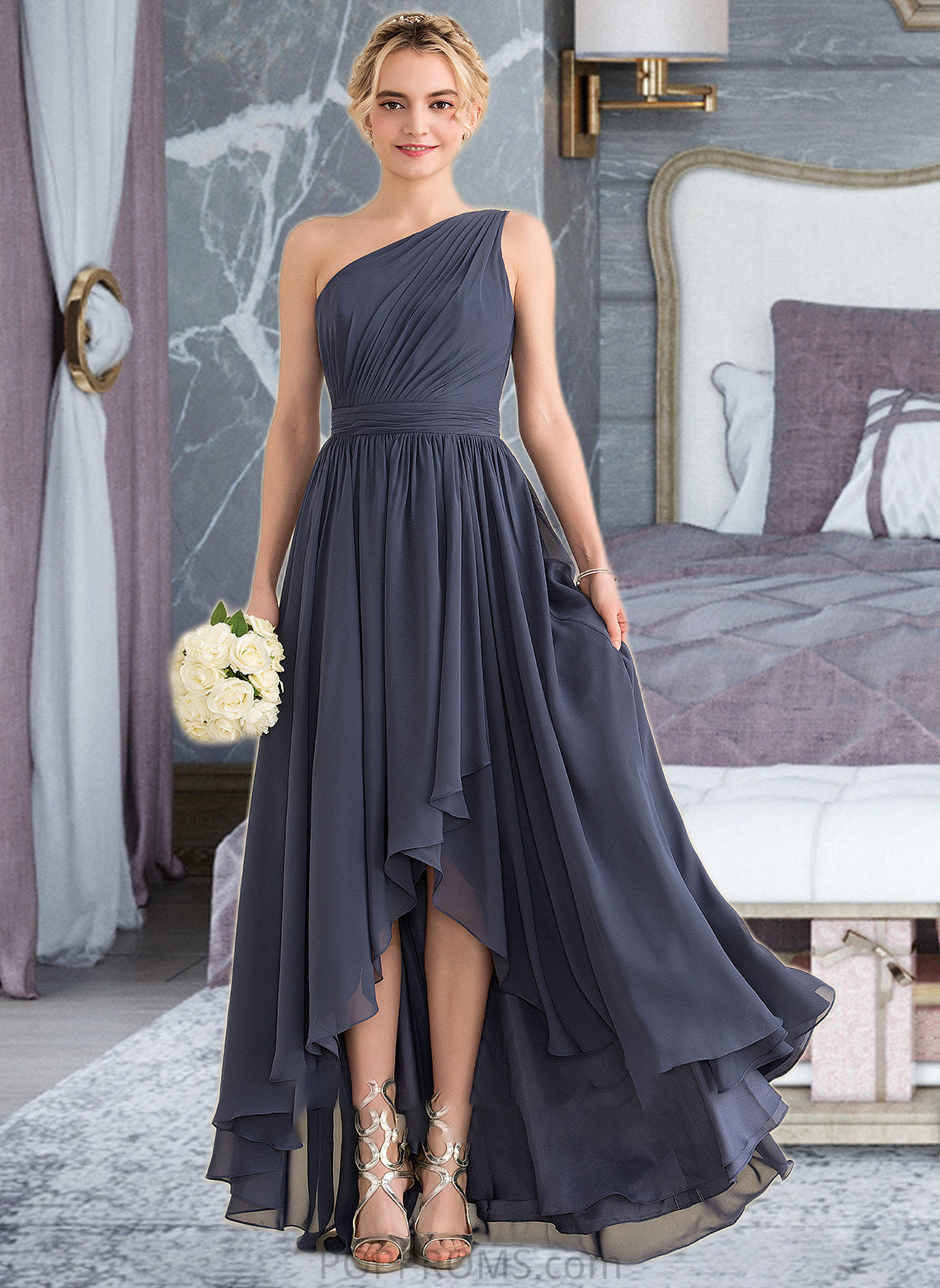 Jaylene A-line One Shoulder Asymmetrical Chiffon Bridesmaid Dress With Cascading Ruffles PP6P0012998