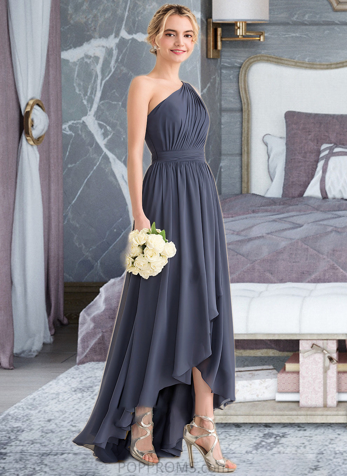 Jaylene A-line One Shoulder Asymmetrical Chiffon Bridesmaid Dress With Cascading Ruffles PP6P0012998