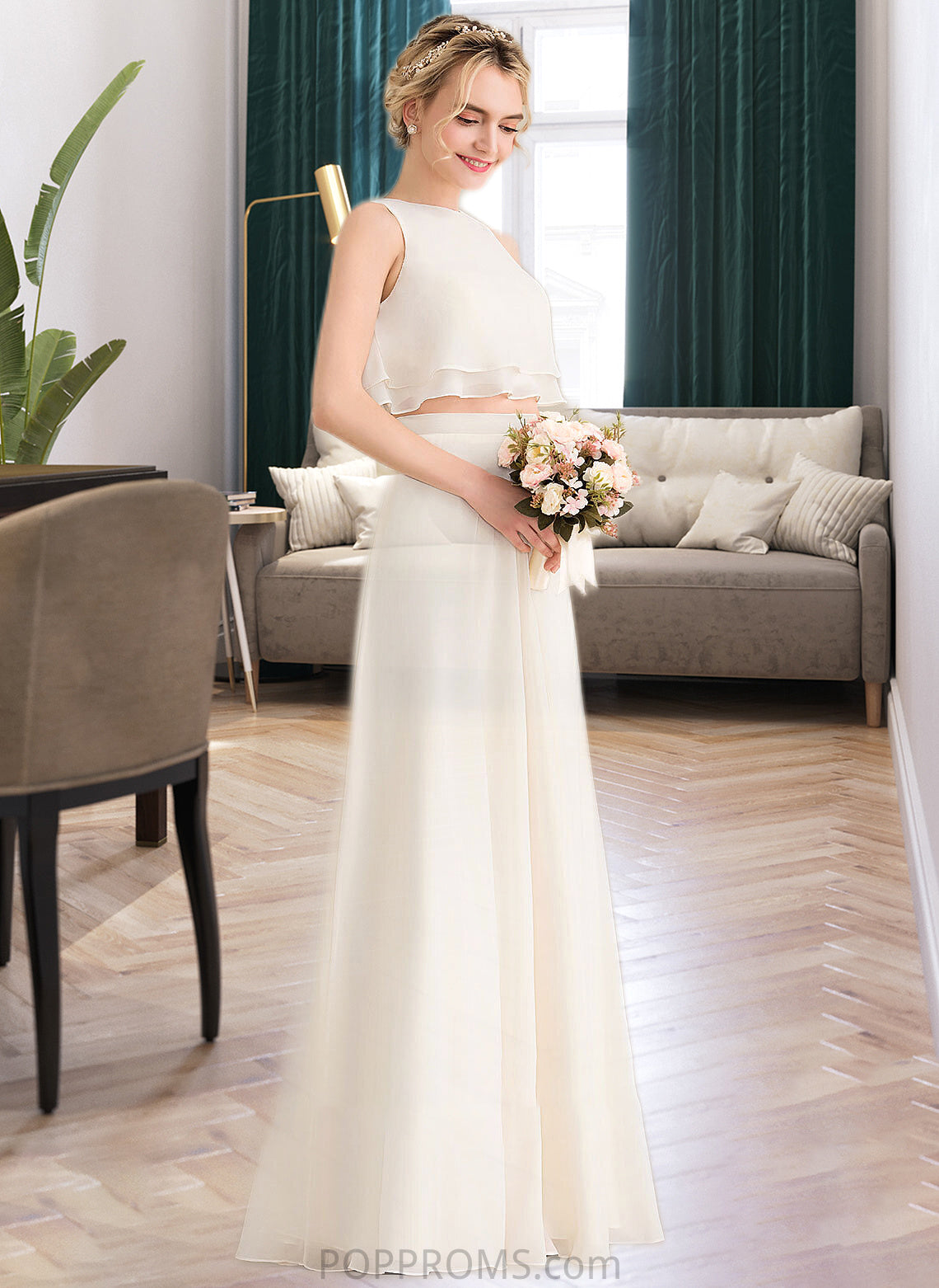 Jordan A-Line Scoop Neck Floor-Length Chiffon Bridesmaid Dress With Cascading Ruffles PP6P0012999