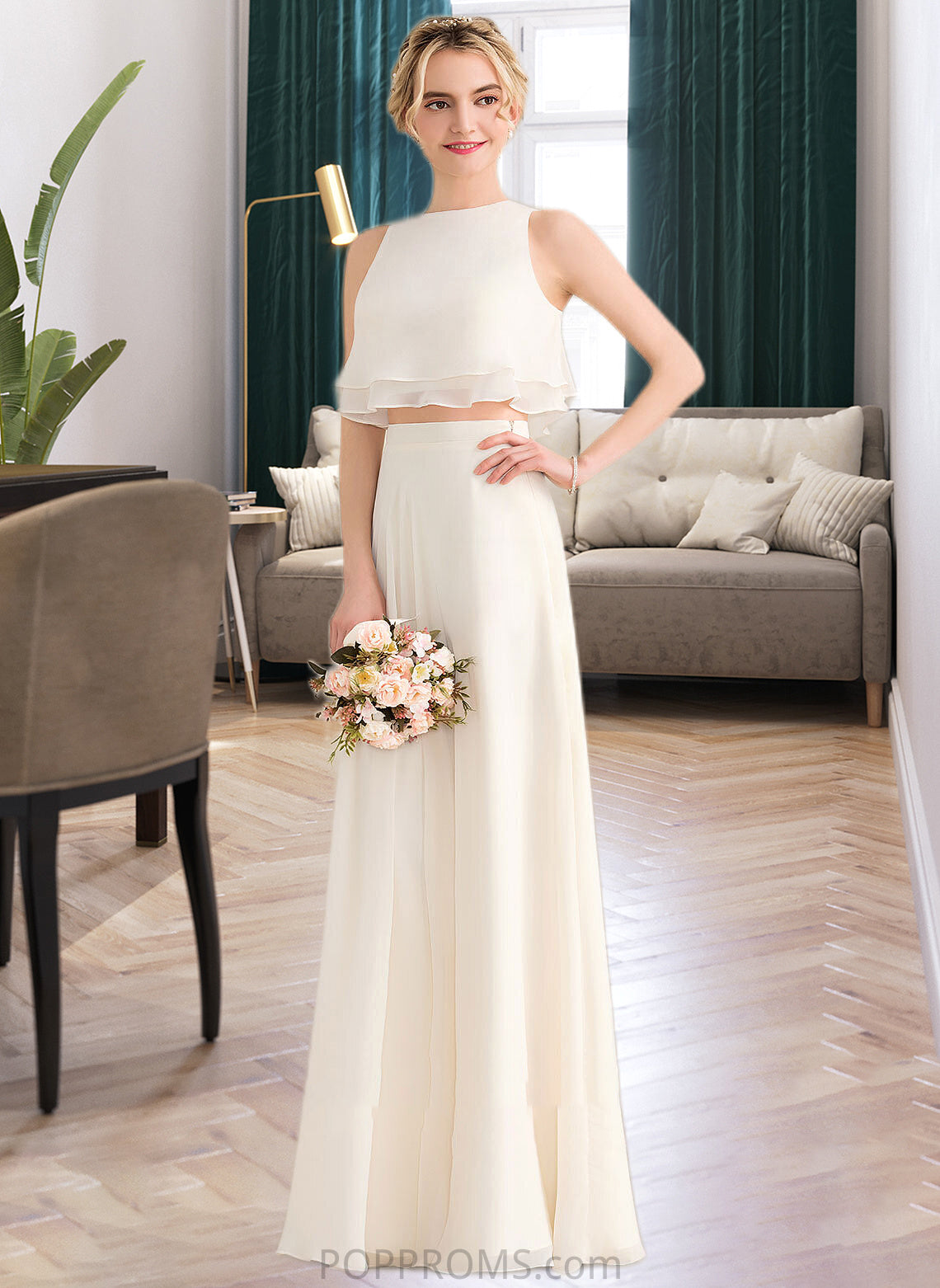 Jordan A-Line Scoop Neck Floor-Length Chiffon Bridesmaid Dress With Cascading Ruffles PP6P0012999