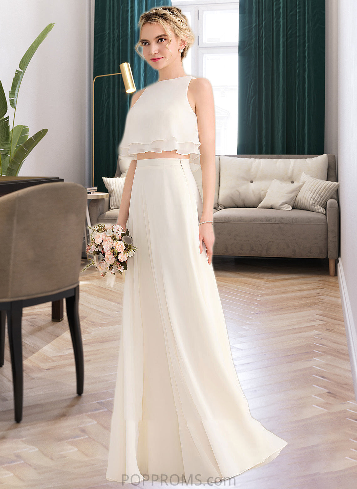 Jordan A-Line Scoop Neck Floor-Length Chiffon Bridesmaid Dress With Cascading Ruffles PP6P0012999