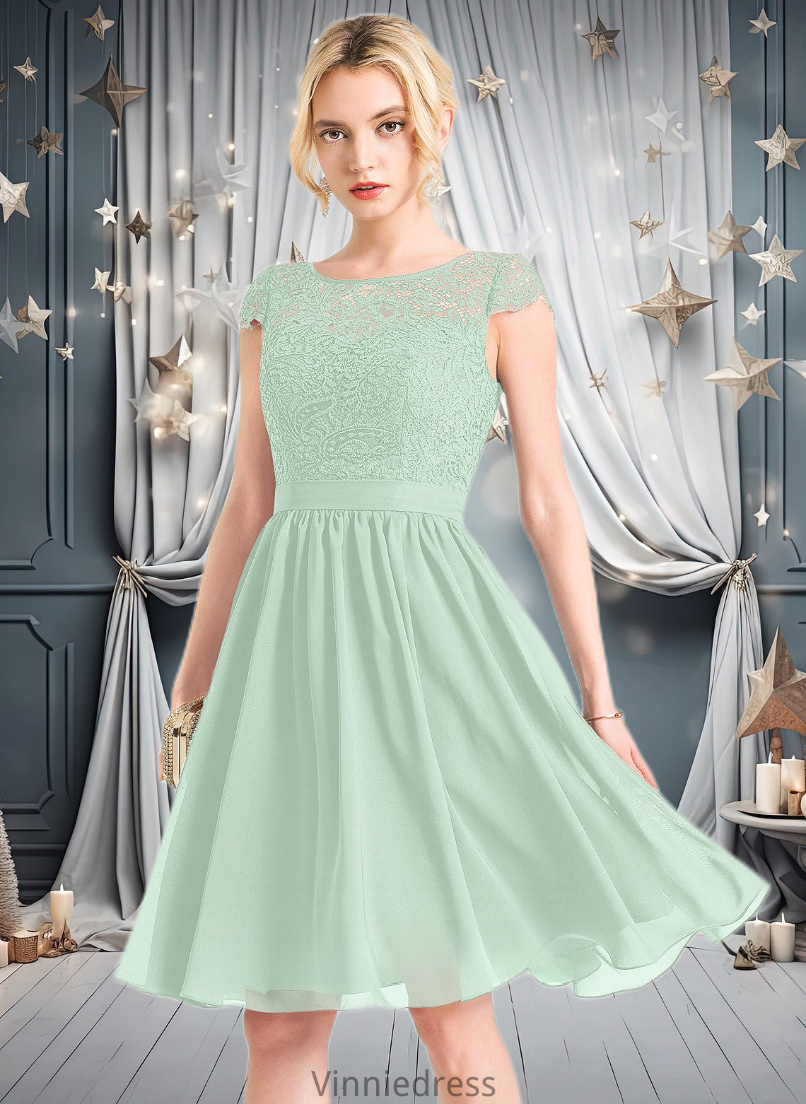 Riya A-line Scoop Knee-Length Lace Chiffon Homecoming Dress PP6P0025698