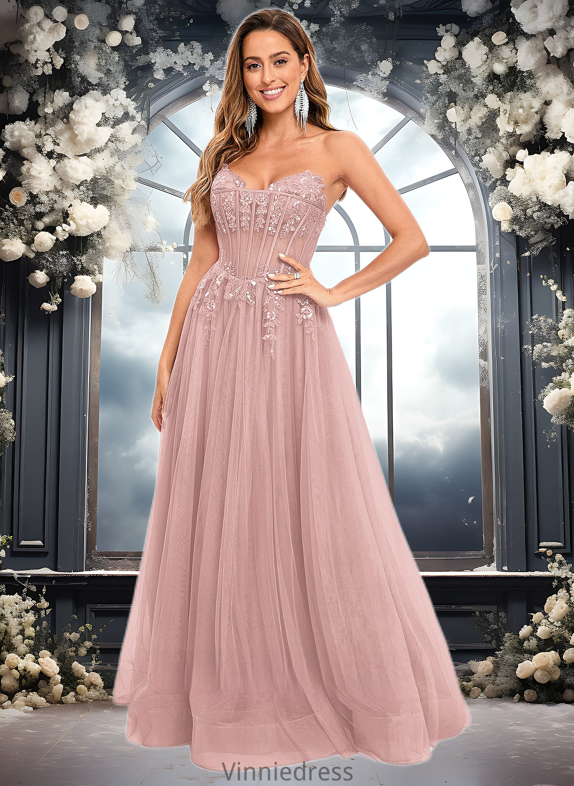 Rebecca Ball-Gown/Princess V-Neck Floor-Length Tulle Prom Dresses With Sequins Appliques Lace PP6P0025837