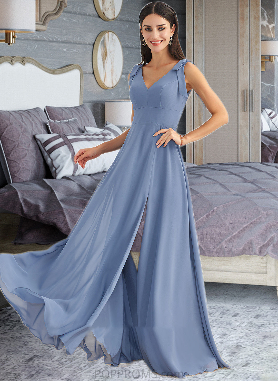 Maritza A-Line V-neck Floor-Length Bridesmaid Dress With Bow(s) Split Front PP6P0013001