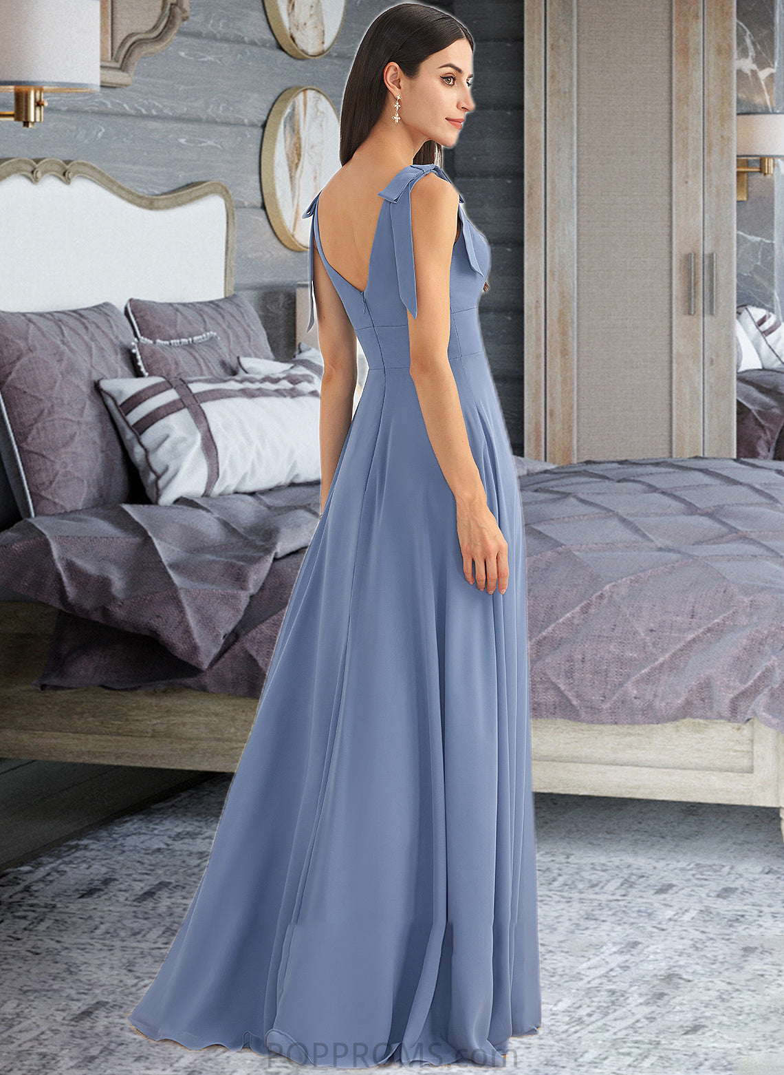 Maritza A-Line V-neck Floor-Length Bridesmaid Dress With Bow(s) Split Front PP6P0013001