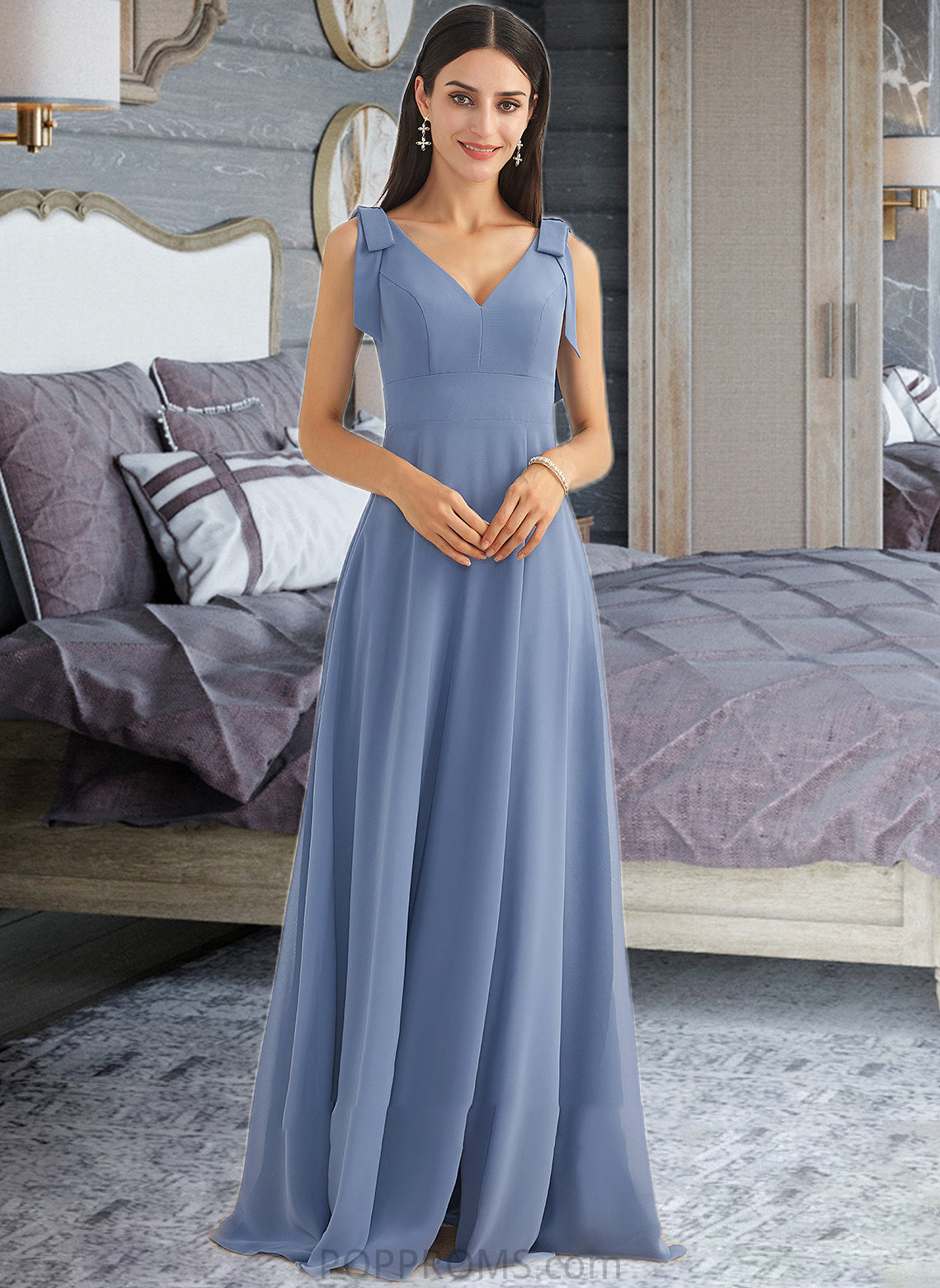 Maritza A-Line V-neck Floor-Length Bridesmaid Dress With Bow(s) Split Front PP6P0013001