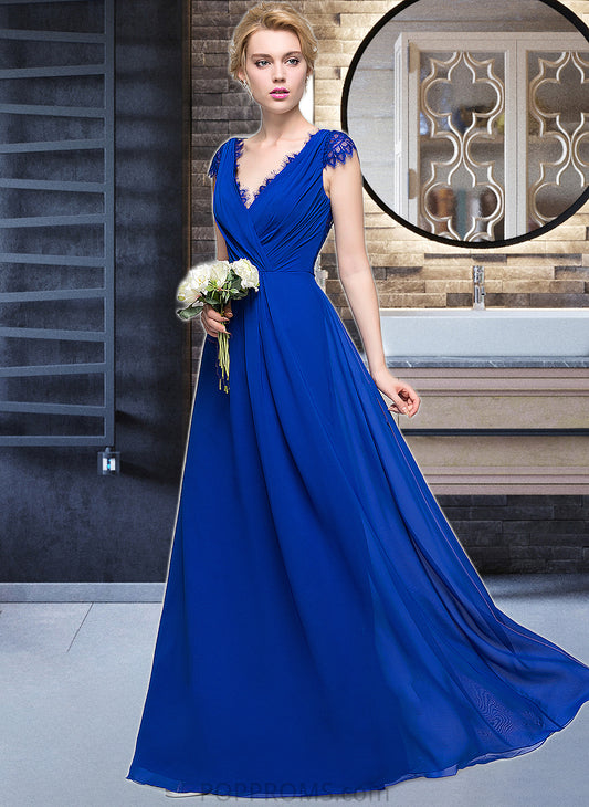 Kenna A-Line V-neck Floor-Length Chiffon Bridesmaid Dress With Ruffle PP6P0013004