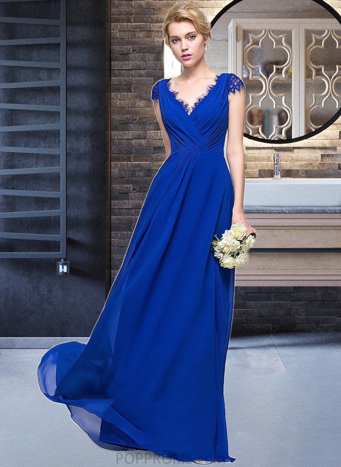 Kenna A-Line V-neck Floor-Length Chiffon Bridesmaid Dress With Ruffle PP6P0013004