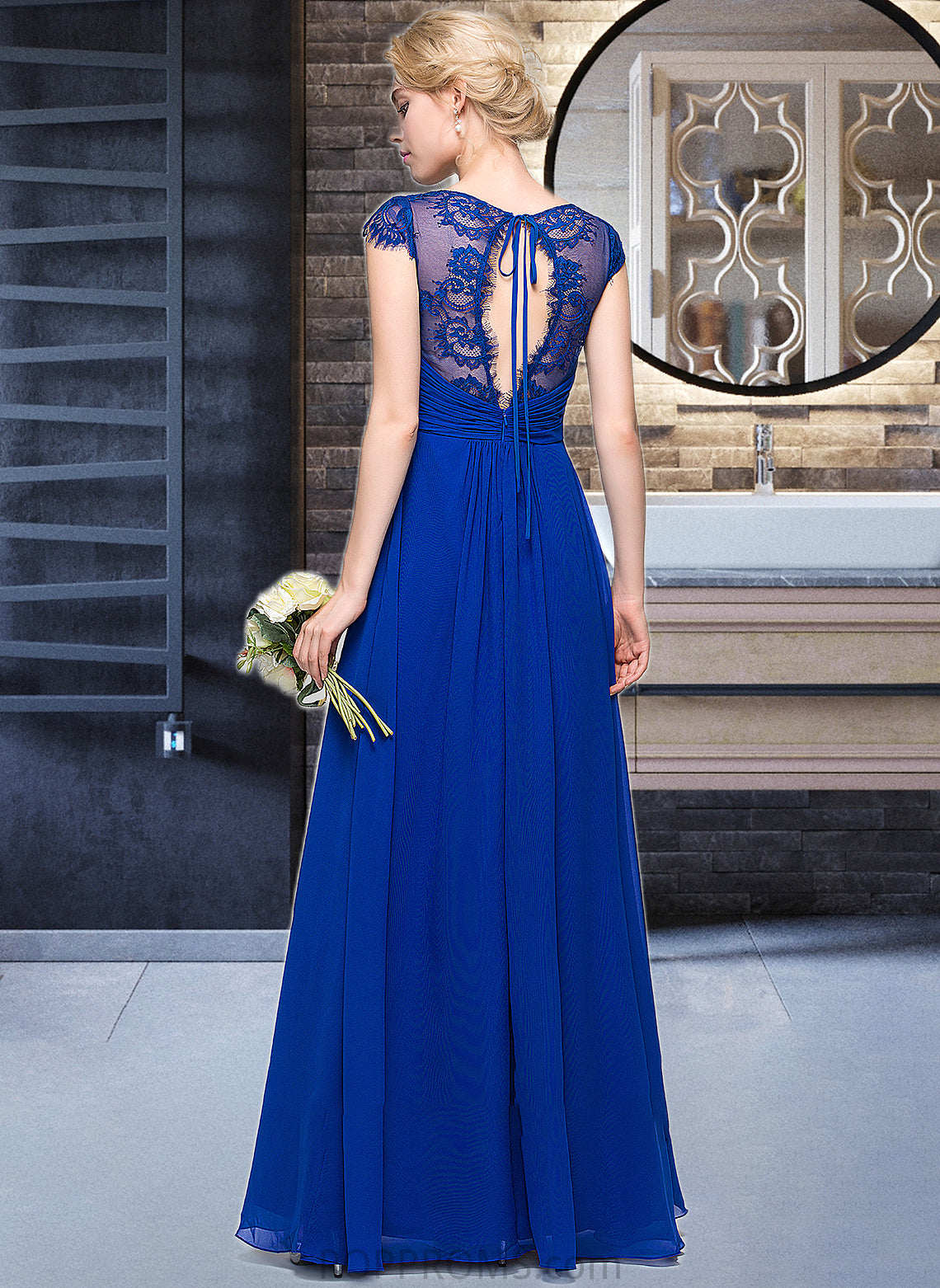 Kenna A-Line V-neck Floor-Length Chiffon Bridesmaid Dress With Ruffle PP6P0013004