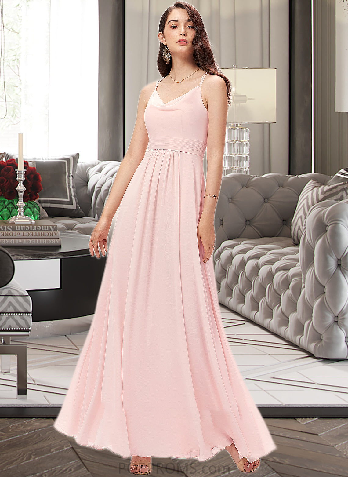 Jayleen A-Line Cowl Neck Floor-Length Chiffon Bridesmaid Dress PP6P0013005