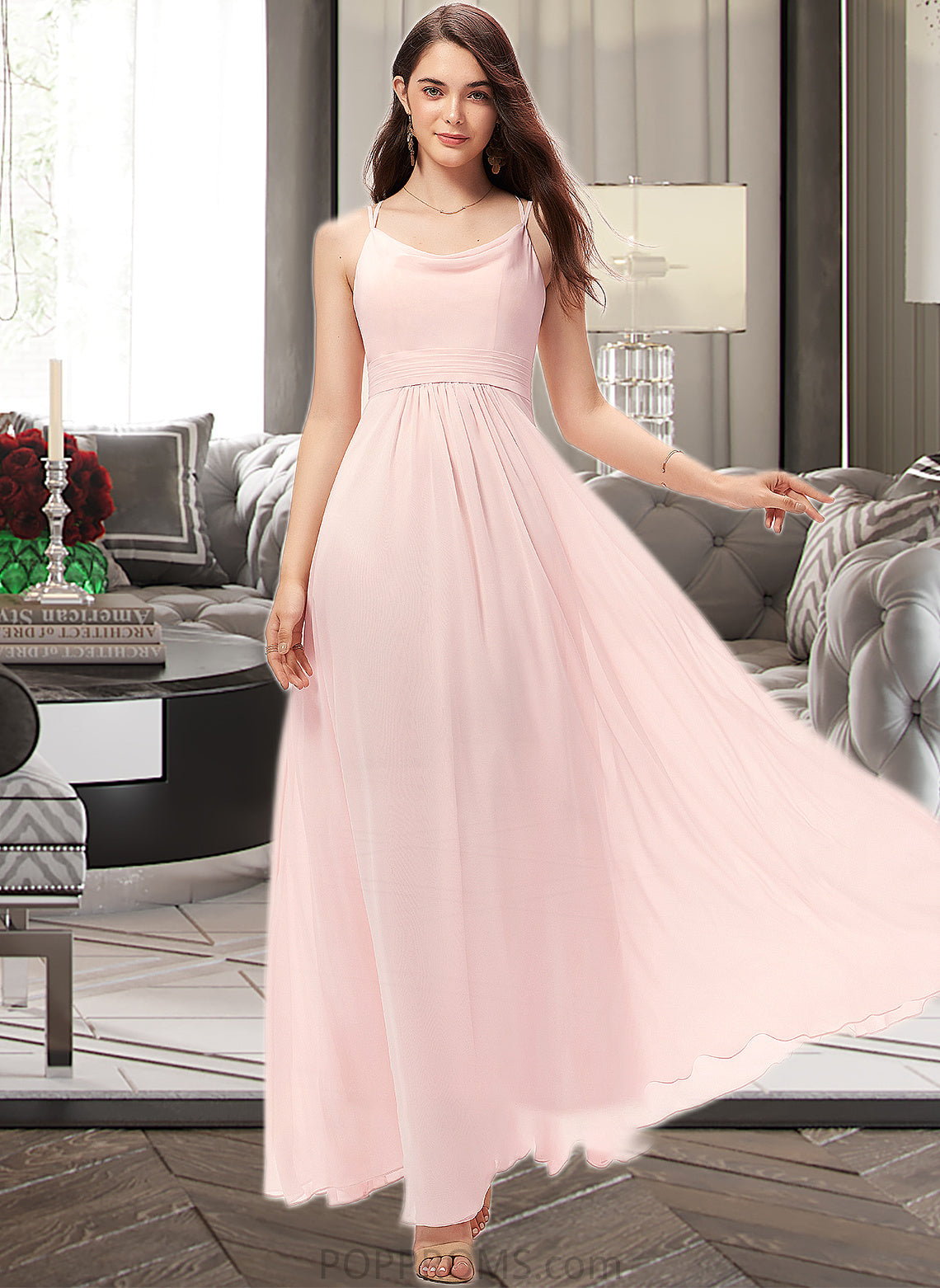 Jayleen A-Line Cowl Neck Floor-Length Chiffon Bridesmaid Dress PP6P0013005